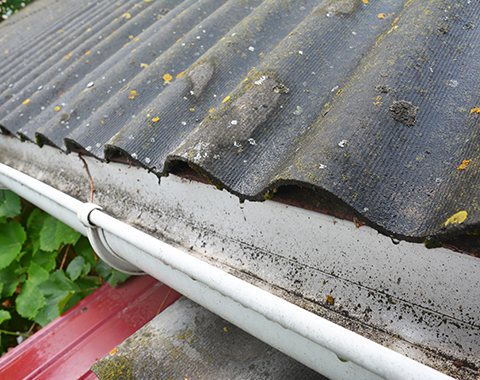 a wet asbestos roof next to a gutter